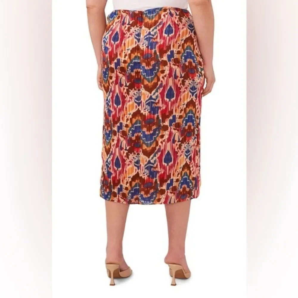 VINCE CAMUTO Tie Waist Midi Skirt Ikat Print Burgundy Orange Plus Size 1X 3X New